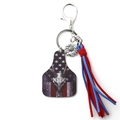 Western ear tag keychain with American flag elk skull and blue-red suede tassels - 3 Deer Head Flag