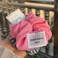 Pink and blue striped hair scrunchie set with woven quote label and branded tag - Solid Pink and Blue-Black Stripe Scrunchie Set