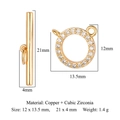 Vergoldeter OT-Knebelverschluss aus Kupfer mit Zirkonia-Inlay für Schmuckherstellung - Runder OT-Verschluss-Stil / 12x13.5mm / 21x4mm / Gold