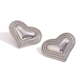 Retro style silver heart-shaped stud earrings with intricate beaded edge texture - Cast Triple Layer Dot Edge Glossy Heart Studs / Silver