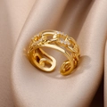 18K gold plated chain ring featuring sparkling cubic zirconia on a beige silk background - Chain Link Clear Zirconia Open Style (G3214472)