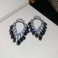 Detail of 18K gold plated silver stud earrings with black pear cut zircon stones - Silver Black Water Drop Fringe / Silver Black