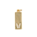 Macro shot of gold-plated rectangular pendant with zircon-encrusted letter V detail - Letter V