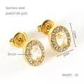 Detail showing 18K gold plated stainless steel zircon stud earrings with product specs - White