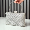 Silver evening clutch bag with V-shaped rhinestone patterns and elegant metal handle - Silver