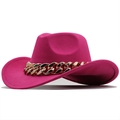 Close-up of bright rose red wool fedora hat with decorative thick gold chain link - M(56-58cm) / Rose Red