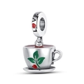 Macro detail of silver coffee cup charm with green leaves, berries and LOVE engraving - Afternoon Tea Coffee Cup Charm