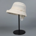 Detail of cream Japanese paper straw hat with elegant pearl strap and floral accents - M(56-58cm) / Beige