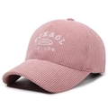 Pink corduroy baseball cap with white Rock & Roll embroidery in a side profile view - Adjustable / Pink