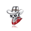 Silver skull pendant with cowboy hat, brown zircon, and red enamel scarf details - Cowboy Hat Skull