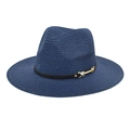 Detailed view of navy blue straw sun hat with black ribbon and gold metal buckle - M (56-58cm) / Navy Blue