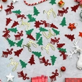 Macro shot of red reindeer, green tree and gold Joy sequins for Christmas table decor - Red Paper Deer + Gold Card Green Tree + Card Joy (ai-100 Pcs/Pack)