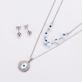 Detail of silver double-layered evil eye necklace set with matching round stud earrings - Steel White