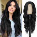 Long wavy black lace wig for women shown on model and mannequin for realistic styling - Natural Black