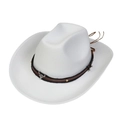 White wool felt western cowboy hat with brown leather band and bull head ornament - White