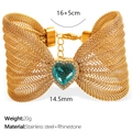 Mesh golden butterfly bracelet featuring a heart blue rhinestone and white crystals - Blue
