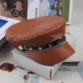 Brown PU leather newsboy cap for women featuring silver metal chain and anchor charm details - One Size 58cm / Coffee Anchor Flat Top Style