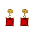 Detailed shot of gold earrings featuring square red gemstone pendants and butterfly clasps - Square Red