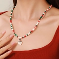 Double-layered beaded Christmas necklace with white snowman pendant and colorful glass beads - D1221 Single Layer Beaded Snowman with Black Hat Pendant