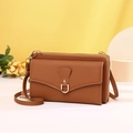 Detail of brown litchi pattern leather phone bag with multi-layer zippers and U-metal buckle - Brown