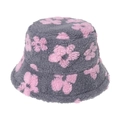 Sombrero de pescador de felpa gris con flores rosas para invierno estilo retro - Base Gris Con Flor Rosa (A)