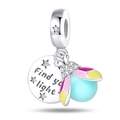 Detail of silver firefly charm with blue bead and 'Find your light' engraving - Luminous Firefly Pendant - Blue Pink Wings