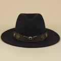 Detail of western fedora hat featuring brown leather band and silver bull head ornament - Black / M (56-58cm)