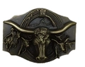 Detail of vintage western belt buckle featuring a bronze bull skull and cowboy relief - BK081 Retro Bronze Longhorn And Riding Cowboy