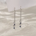 Silver star and moon drop earrings with deep blue crystals and long tassels - Star Ear Threader-White Gold