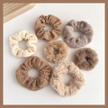 7-pack plush and ribbed knit scrunchies in minimalist earthy tones on beige background - 1168C Warm Coffee 7-Piece Neutral Set