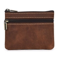 Vintage brown crazy horse leather coin purse with double bronze zipper compartments - Red Brown Oil Leather