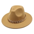 Close-up of a camel wool fedora hat featuring a bold decorative gold chain on the brim - Single Camel Hat