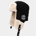 Black corduroy trapper hat with warm beige faux fur lining and side embroidery - One Size / Black