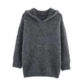 Detail of dark grey hooded knit sweater with fuzzy wool-blend texture and ribbed hem - One Size / Gray