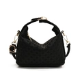 Vintage black woven texture handbag with gold metal hardware and detachable strap - Black