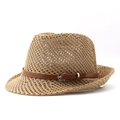 Straw hollow-out jazz cowboy hat with brown faux leather belt and gold buckle decoration - M(56-58cm) / Khaki