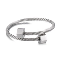 Retro hex steel wire bangle in silver finish with polished cube end caps for men - Silver (KB162800-KFC)