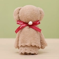 Light brown coral fleece bear towel with a red ribbon bow and a pearl detail - 30*30cm / Solid Pearl Bear Camel