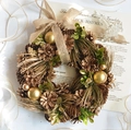 Vintage gold Christmas pine cone wreath with brown ornaments and linen bow on white background - Antique Gold