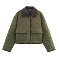 Armeegrüne Steppjacke mit braunem Cordkragen und silbernen Metallknöpfen - XS / Armeegrün