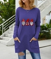 Close-up of deep purple Christmas gnome print long sleeve tunic with side pockets - Blue