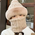 Winter thermal knit beanie and neck warmer set in beige faux fur for women - Upgraded Korean Integrated / Light Khaki
