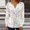 Women's V-neck floral long sleeve top with white lace patchwork and button details - S / Tops / Pink Flower