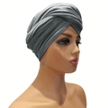 Classic grey pre-tied headscarf for women with elegant cross-pleat design on mannequin - One Size / Medium Grey