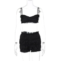 Detail of black two-piece set featuring pleated camisole top and high waist shorts - S / Black