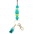Teal and mint green silicone bead keychain with gold hardware and triple tassel accent - Teal Green Striped