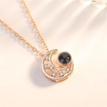 Rose gold moon necklace with sparkling crystals and I Love You 100 languages projection stone - Star & Moon Rose Gold