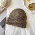 Chunky mixed yellow and brown knit beanie with warm ear protection and cuff detail - Coffee