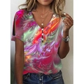 Women's summer V-neck tie-dye t-shirt featuring red floral print and cold shoulder cutouts - S / Red