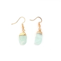 Detailed view of light green raw stone earrings with gold electroplated hooks and edges - Aquamarine